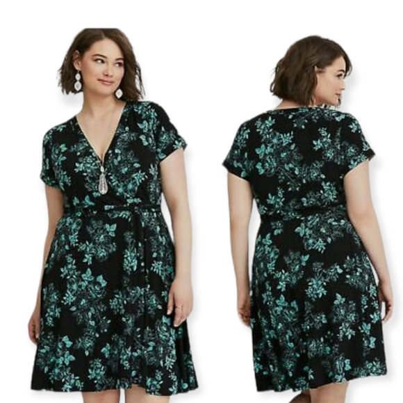 torrid Dresses & Skirts - Torrid Black Floral Jersey Knit Faux Wrap Dress size 3